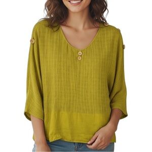 Tahari Lagenlook Cotton Linen Gauzy V Neck 3/4 Sleeve Top Large Mustard Yellow